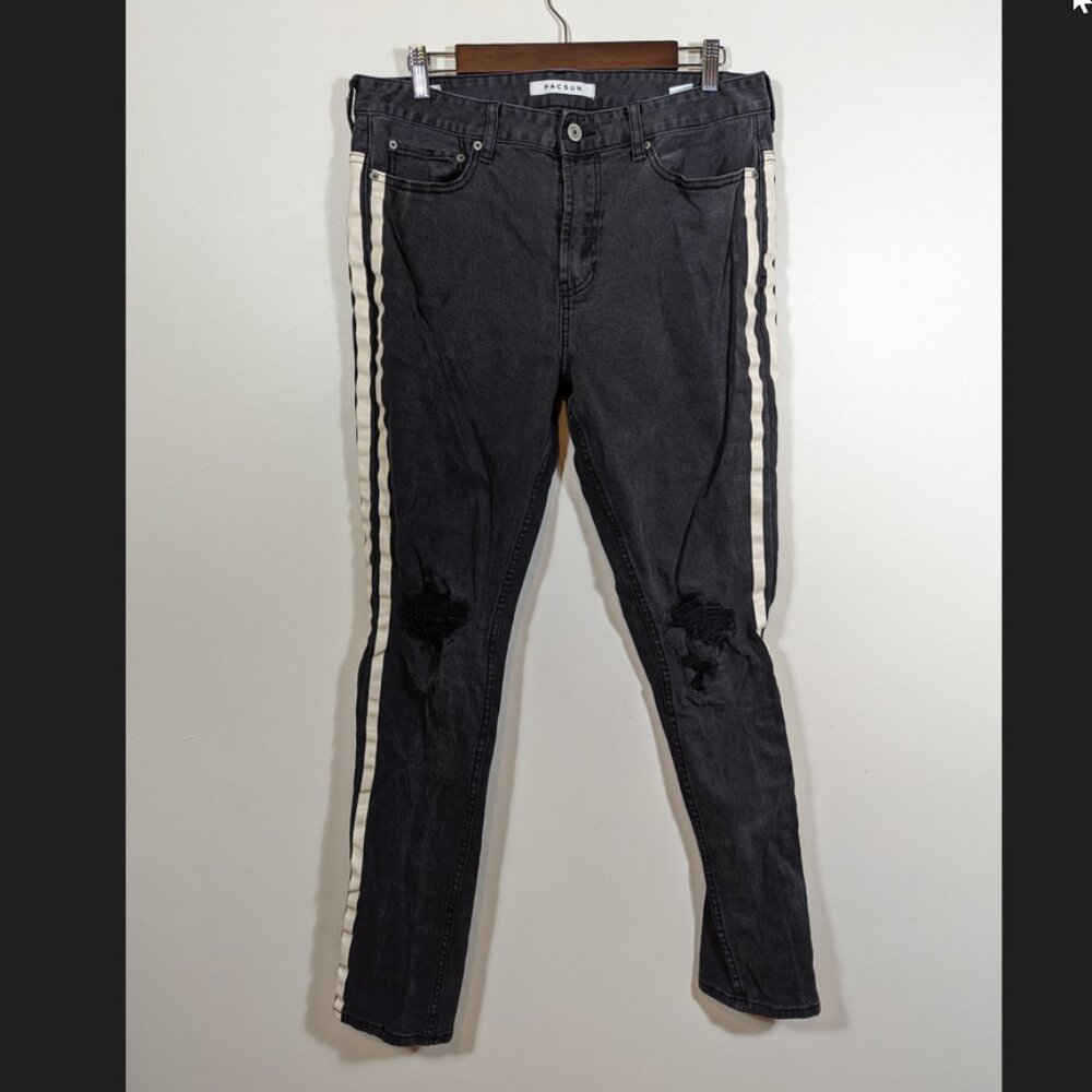 Men's PACSUN Stacked Skinny Distressed Jeans 34x32 Black Striped Leg VGUC